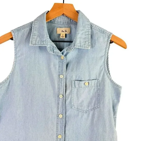 Per Se Button Up Sleeveless Chambray Shirt 100% Cotton, Size‎ Small - Picture 2 of 7